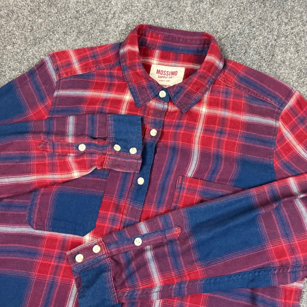Mossimo Red Navy Blue Plaid Flannel Shirt Womens Large Boyfriend Fit Button Down